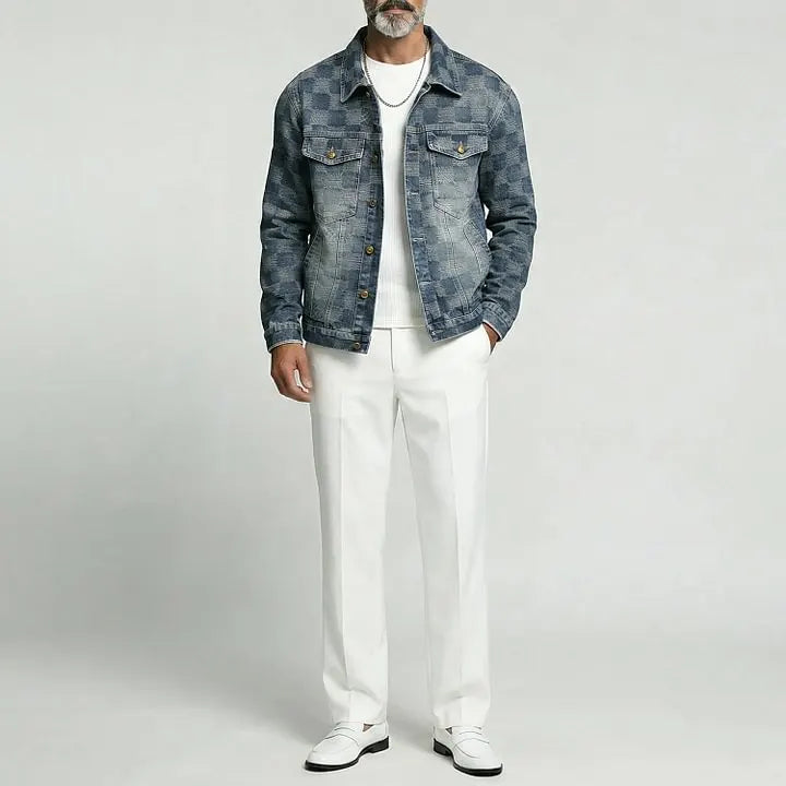 Men's Retro Washed Checkered Denim Single Breasted Long Sleeve Jacket