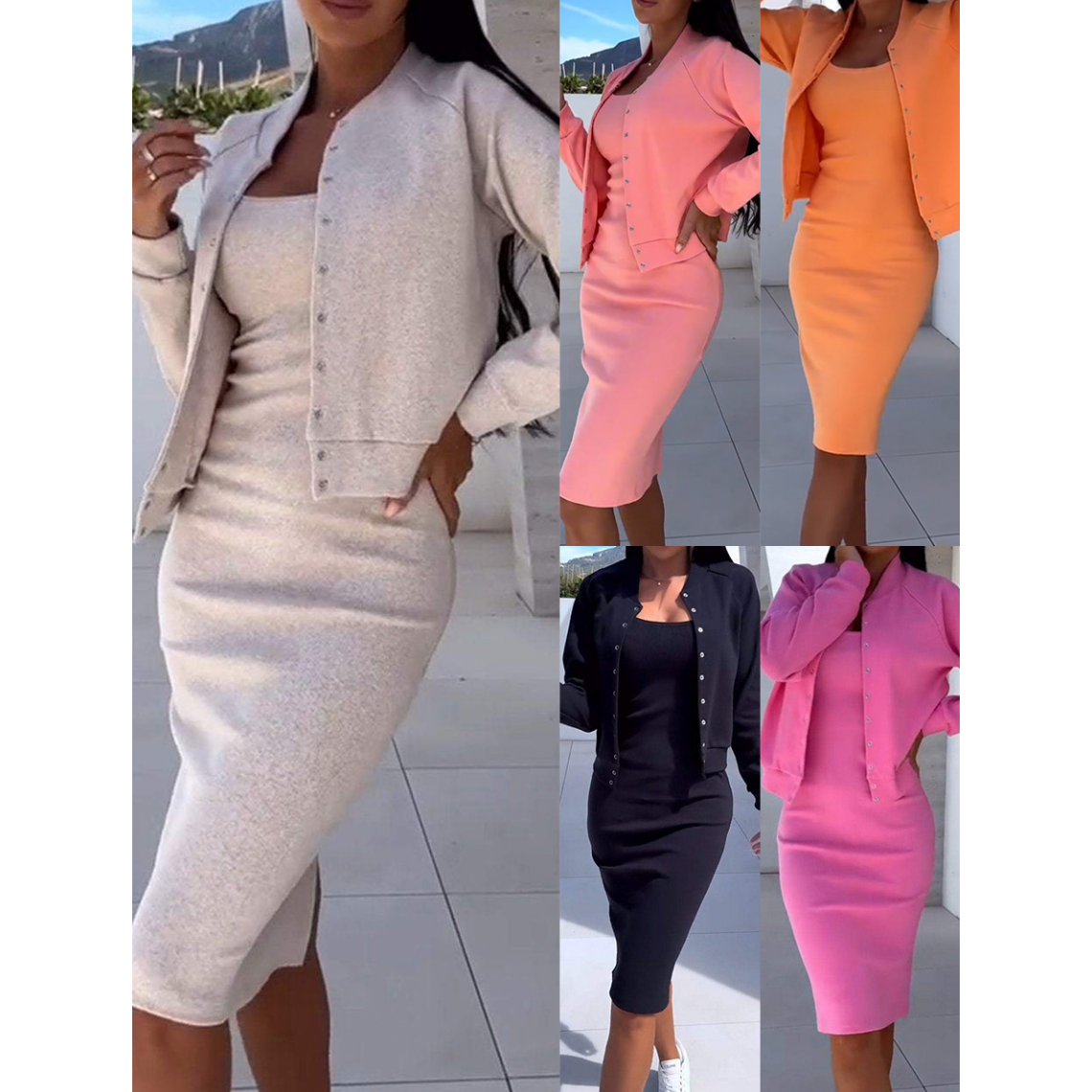 Two-piece set with a dress and a jacket with spaghetti straps