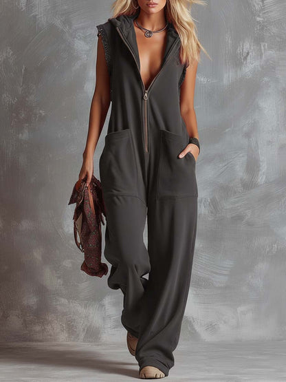 Retro Fashiona Sporty Hooded V-neck Front Zipper Raspberry Red Cotton Jumpsuit