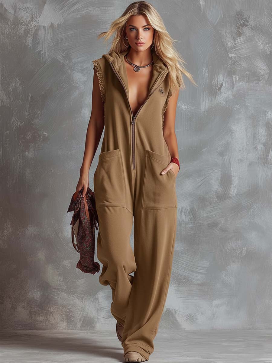 Retro Fashiona Sporty Hooded V-neck Front Zipper Raspberry Red Cotton Jumpsuit