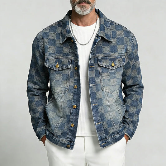 Men's Retro Washed Checkered Denim Single Breasted Long Sleeve Jacket