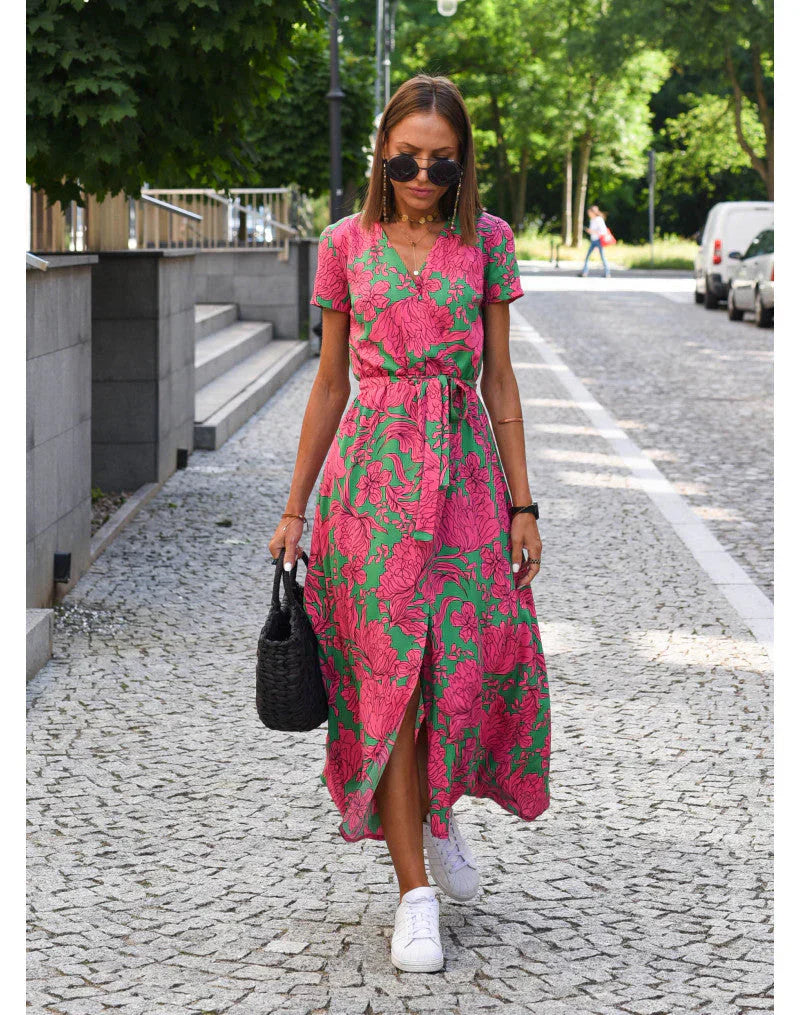 Floral Maxi Dress V Neck Wrap Silhouette Lightweight