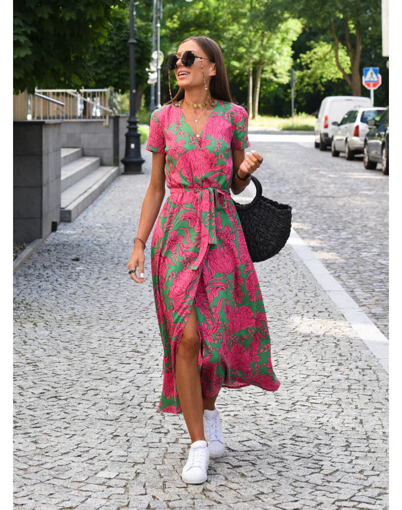 Floral Maxi Dress V Neck Wrap Silhouette Lightweight