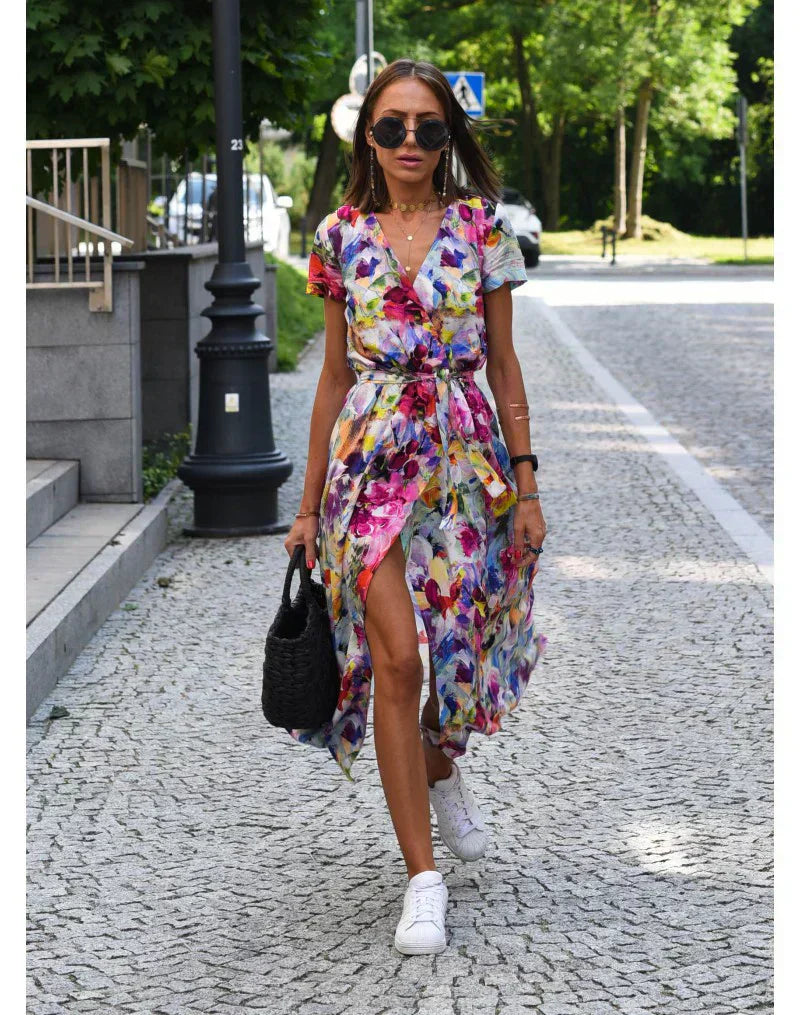 Floral Maxi Dress V Neck Wrap Silhouette Lightweight