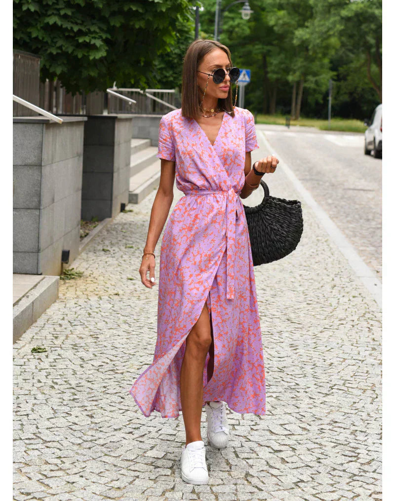 Floral Maxi Dress V Neck Wrap Silhouette Lightweight