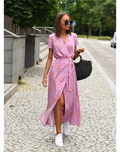 Floral Maxi Dress V Neck Wrap Silhouette Lightweight