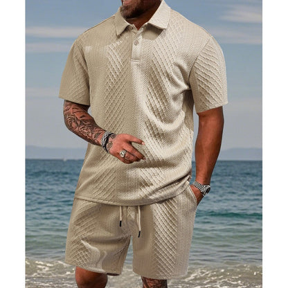 Men’s Diamond Pattern Turn-Down Collar Short Sleeve Top & Drawstring Shorts 2-Piece Set