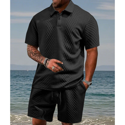 Men’s Diamond Pattern Turn-Down Collar Short Sleeve Top & Drawstring Shorts 2-Piece Set